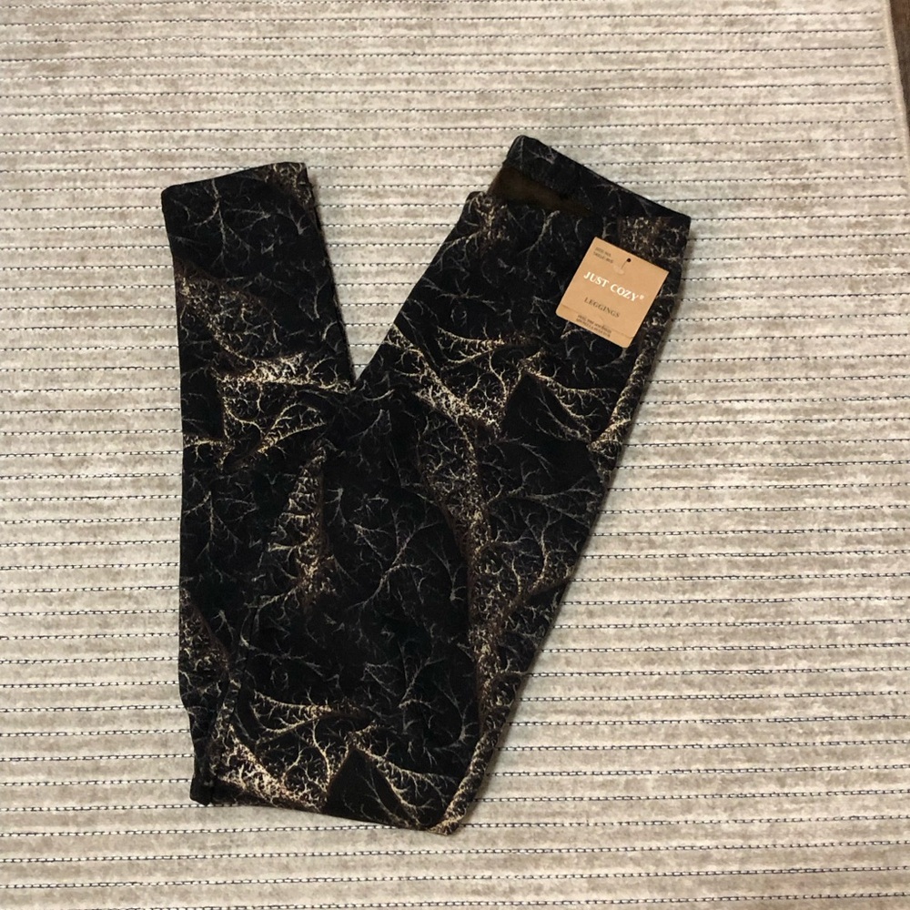 Just Cozy Women’s Black Leggings with Gold Marbled Print